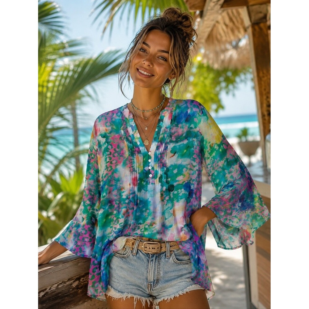 LIOR PARIS Tunic Top Womens M Colorful Animal Print Sheer Blouse PinTuck Blouse.